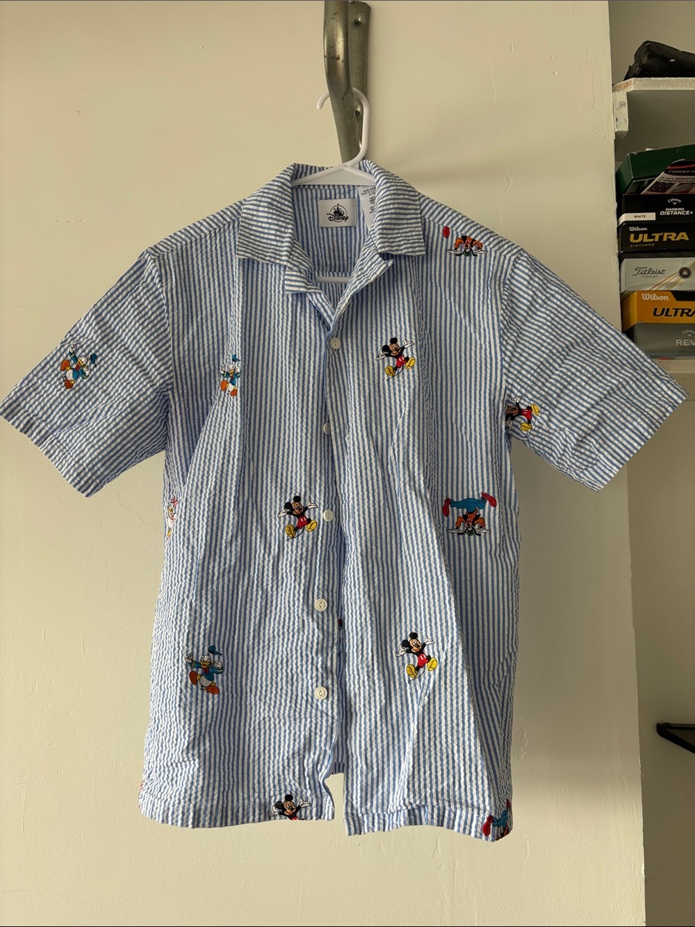 Disney World Blue Striped Short Sleeve Button-Up Shirt with Character Embroidery
